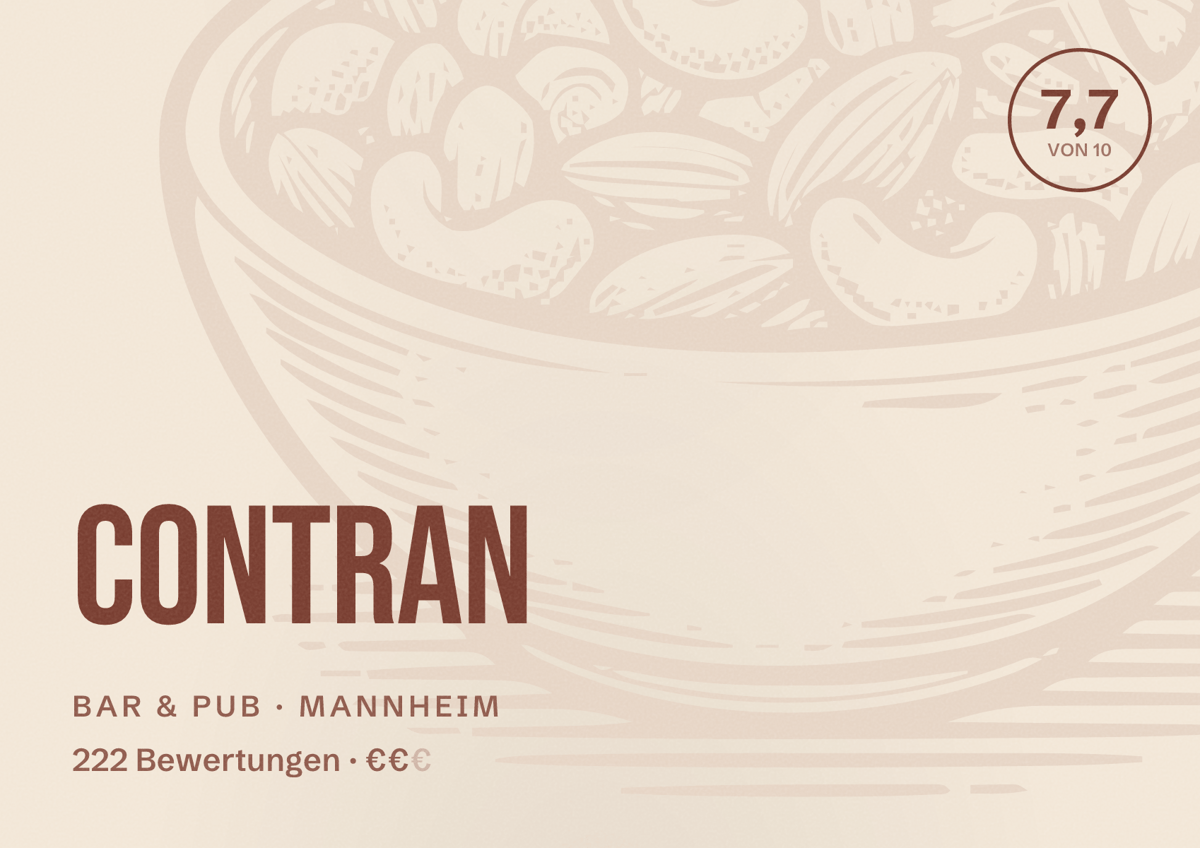 Illustriertes Poster von ContraN, Bar & Pub in Mannheim: Bewertung 7,7 von 10 aus 222 Bewertungen, Preisniveau €€