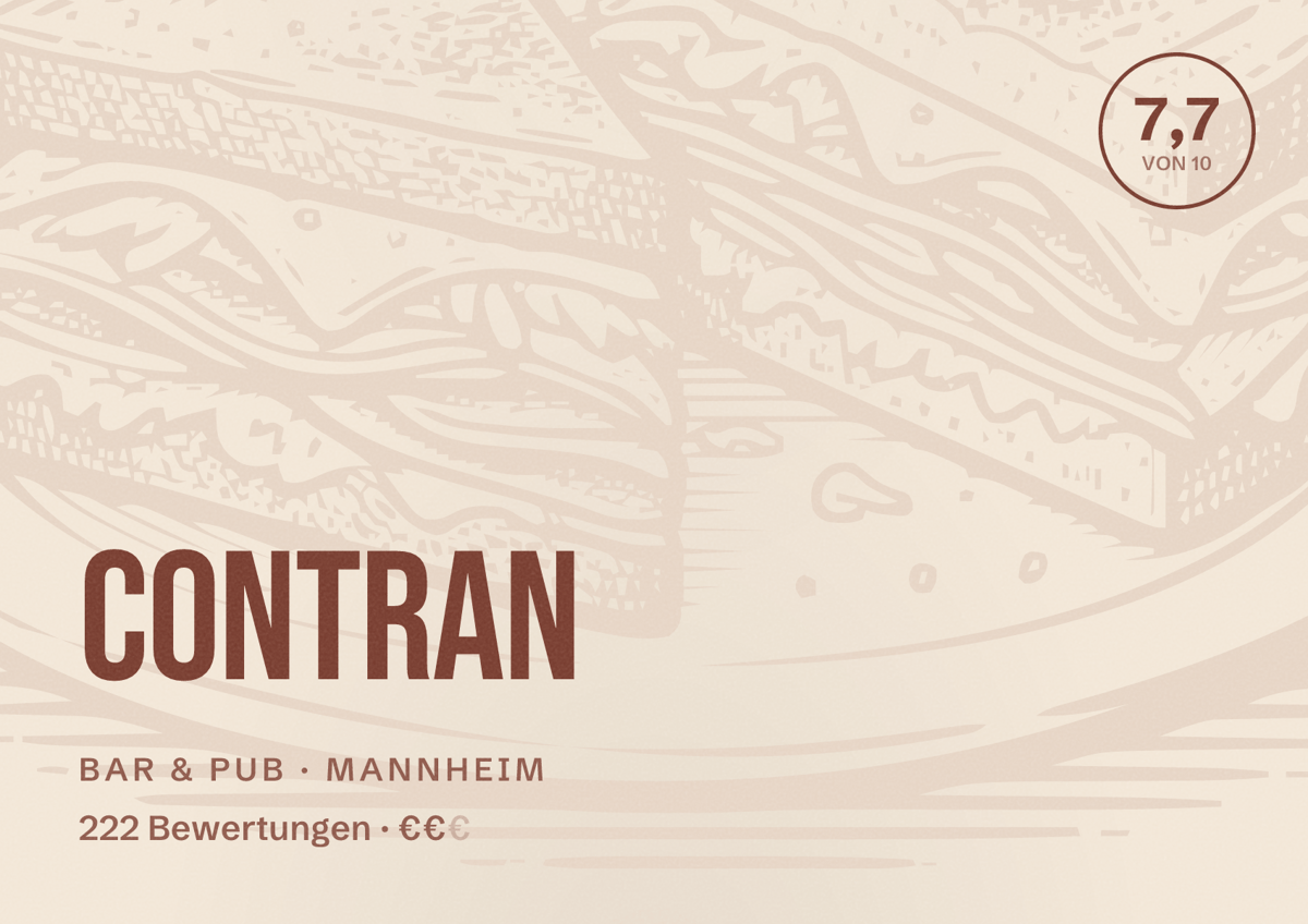 Illustriertes Poster von ContraN, Bar & Pub in Mannheim: Bewertung 7,7 von 10 aus 222 Bewertungen, Preisniveau €€