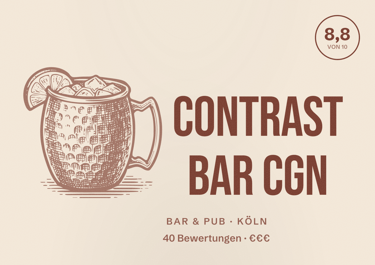 Illustriertes Poster von Contrast Bar CGN, Bar & Pub in Köln: Bewertung 8,8 von 10 aus 40 Bewertungen, Preisniveau €€€