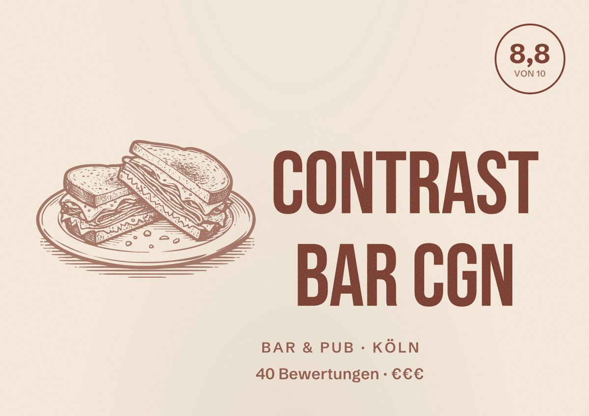 Illustriertes Poster von Contrast Bar CGN, Bar & Pub in Köln: Bewertung 8,8 von 10 aus 40 Bewertungen, Preisniveau €€€