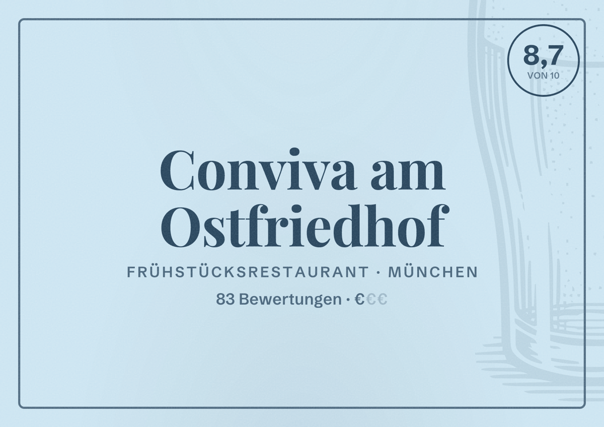 Illustriertes Poster von Conviva am Ostfriedhof, Frühstücksrestaurant in München: Bewertung 8,7 von 10 aus 83 Bewertungen, Preisniveau €