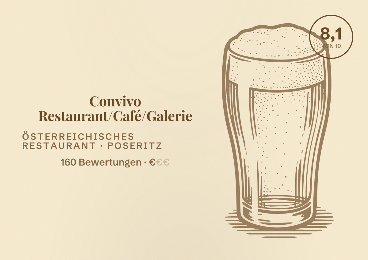 Illustriertes Poster von Convivo Restaurant/Café/Galerie, Österreichisches Restaurant in Poseritz: Bewertung 8,1 von 10 aus 160 Bewertungen, Preisniveau €