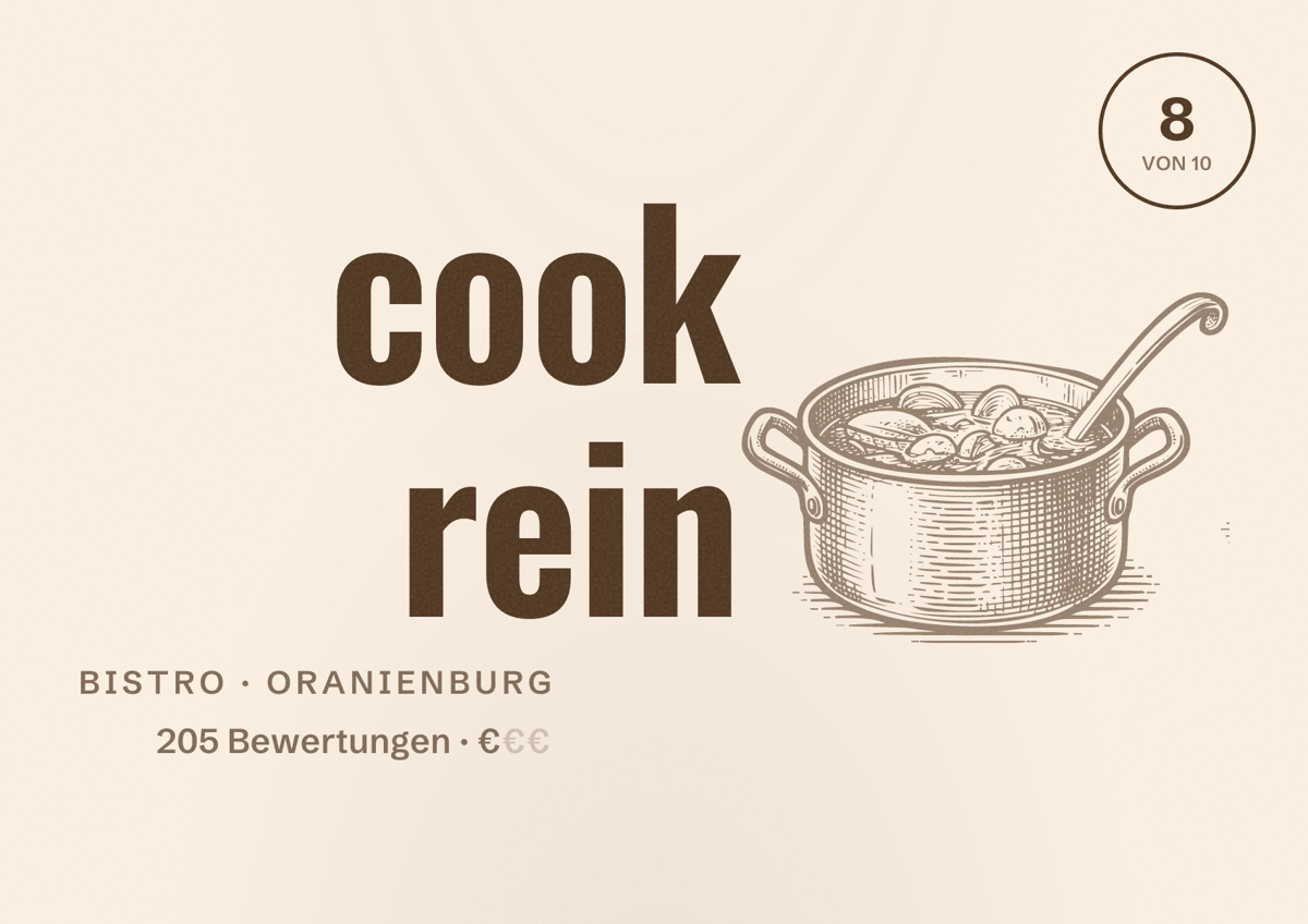 Illustriertes Poster von cook rein, Bistro in Oranienburg: Bewertung 8 von 10 aus 205 Bewertungen, Preisniveau €