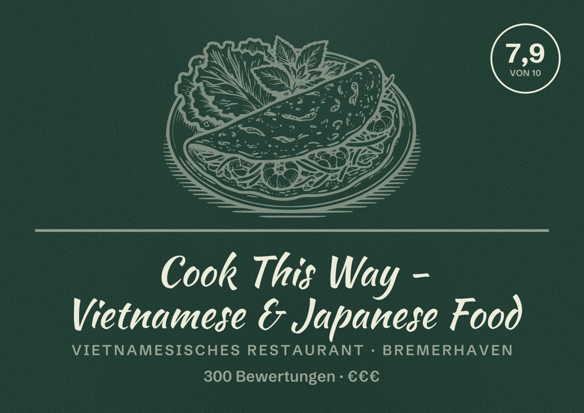 Illustriertes Poster von Cook This Way - Vietnamese & Japanese Food, Vietnamesisches Restaurant in Bremerhaven: Bewertung 7,9 von 10 aus 300 Bewertungen, Preisniveau €€€