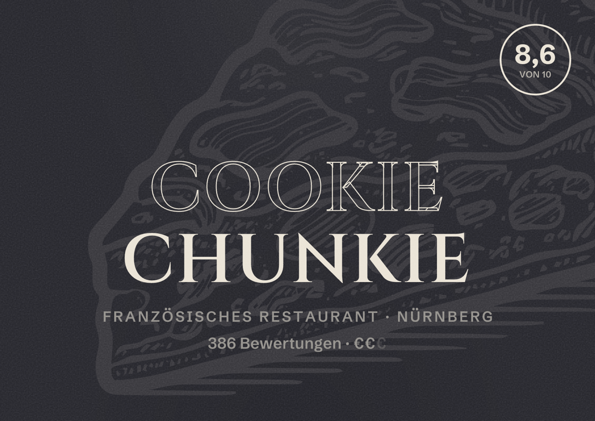 Illustriertes Poster von Cookie Chunkie, Französisches Restaurant in Nürnberg: Bewertung 8,6 von 10 aus 386 Bewertungen, Preisniveau €€