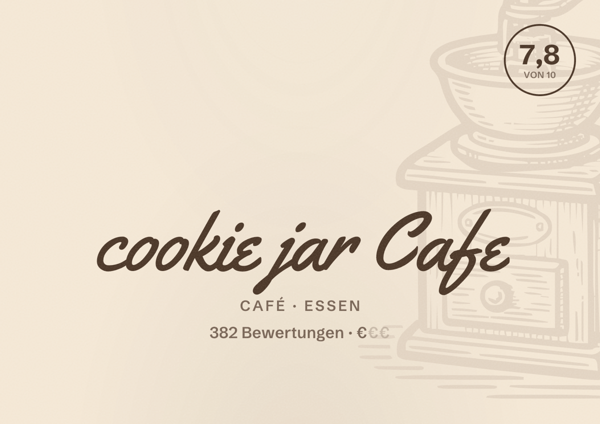 Illustriertes Poster von cookie jar Cafe, Café in Essen: Bewertung 7,8 von 10 aus 382 Bewertungen, Preisniveau €