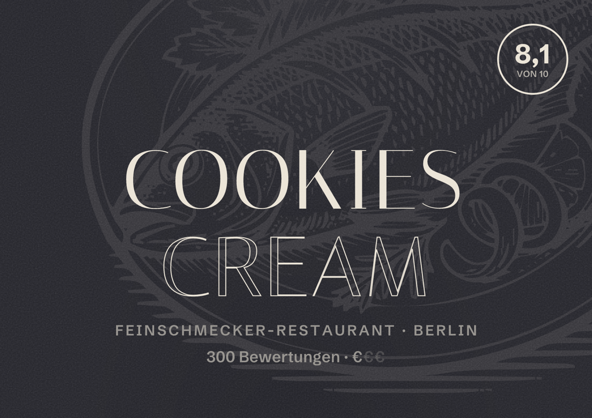 Illustriertes Poster von Cookies Cream, Feinschmecker-Restaurant in Berlin: Bewertung 8,1 von 10 aus 300 Bewertungen, Preisniveau €
