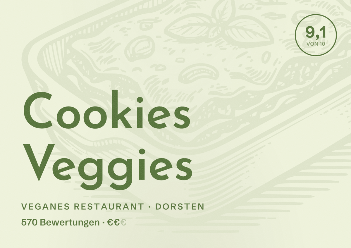 Illustriertes Poster von Cookies Veggies, Veganes Restaurant in Dorsten: Bewertung 9,1 von 10 aus 570 Bewertungen, Preisniveau €€