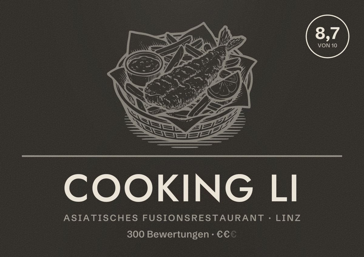 Illustriertes Poster von Cooking Li, Asiatisches Fusionsrestaurant in Linz: Bewertung 8,7 von 10 aus 300 Bewertungen, Preisniveau €€