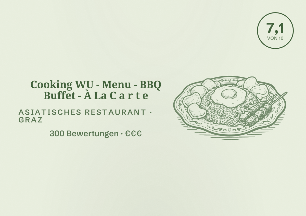 Illustriertes Poster von Cooking WU - Menu - BBQ Buffet - À La C a r t e, Asiatisches Restaurant in Graz: Bewertung 7,1 von 10 aus 300 Bewertungen, Preisniveau €€€