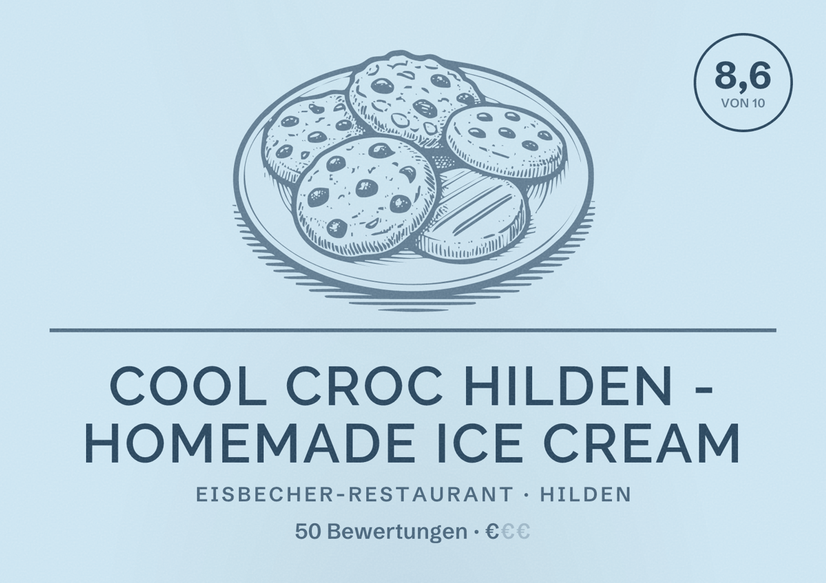 Illustriertes Poster von Cool Croc Hilden - Homemade Ice Cream, Eisbecher-Restaurant in Hilden: Bewertung 8,6 von 10 aus 50 Bewertungen, Preisniveau €