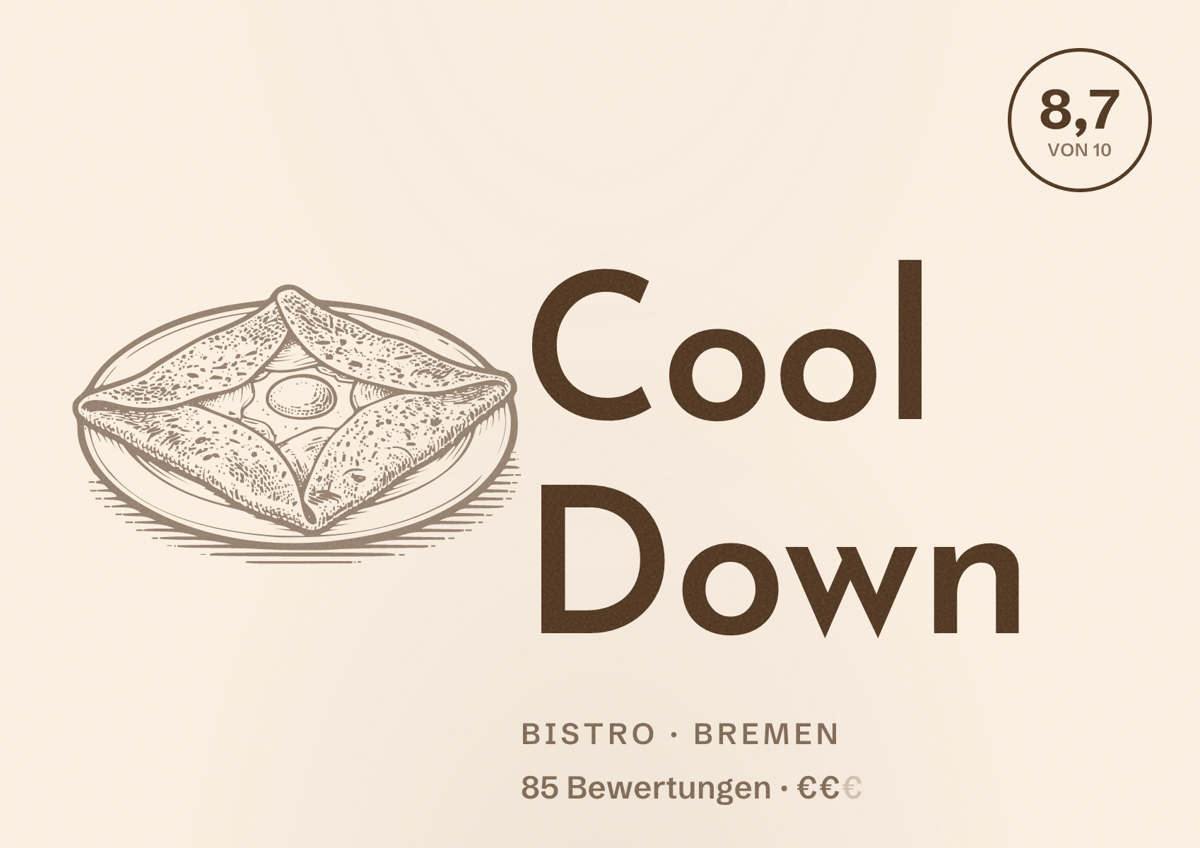 Illustriertes Poster von Cool Down, Bistro in Bremen: Gästebewertung 8,7 von 10 aus 85 Bewertungen