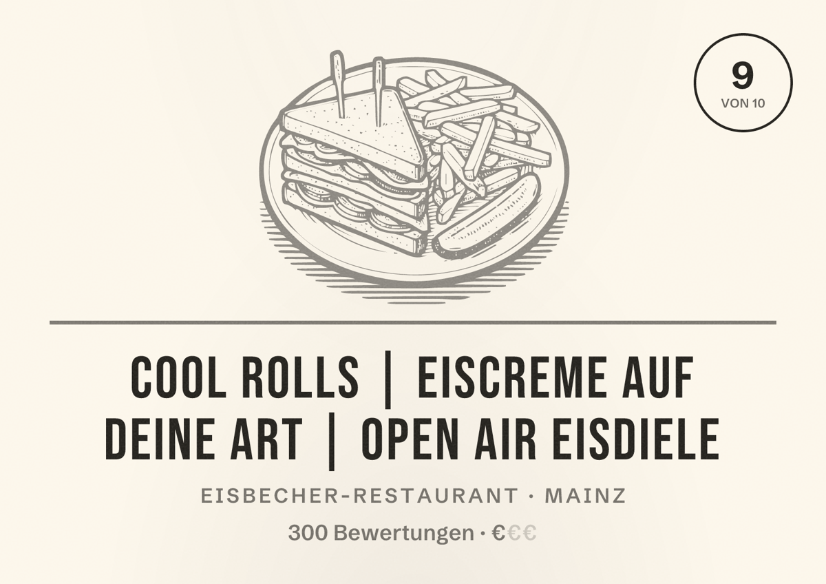 Illustriertes Poster von COOL ROLLS | Eiscreme auf deine Art | Open Air Eisdiele, Eisbecher-Restaurant in Mainz: Bewertung 9 von 10 aus 300 Bewertungen, Preisniveau €