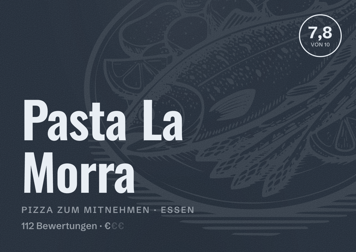 Illustriertes Poster von Pasta La Morra, Pizza zum Mitnehmen in Essen: Bewertung 7,8 von 10 aus 112 Bewertungen, Preisniveau €