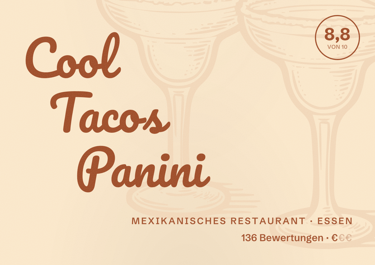 Illustriertes Poster von Cool Tacos Panini, Mexikanisches Restaurant in Essen: Bewertung 8,8 von 10 aus 136 Bewertungen, Preisniveau €