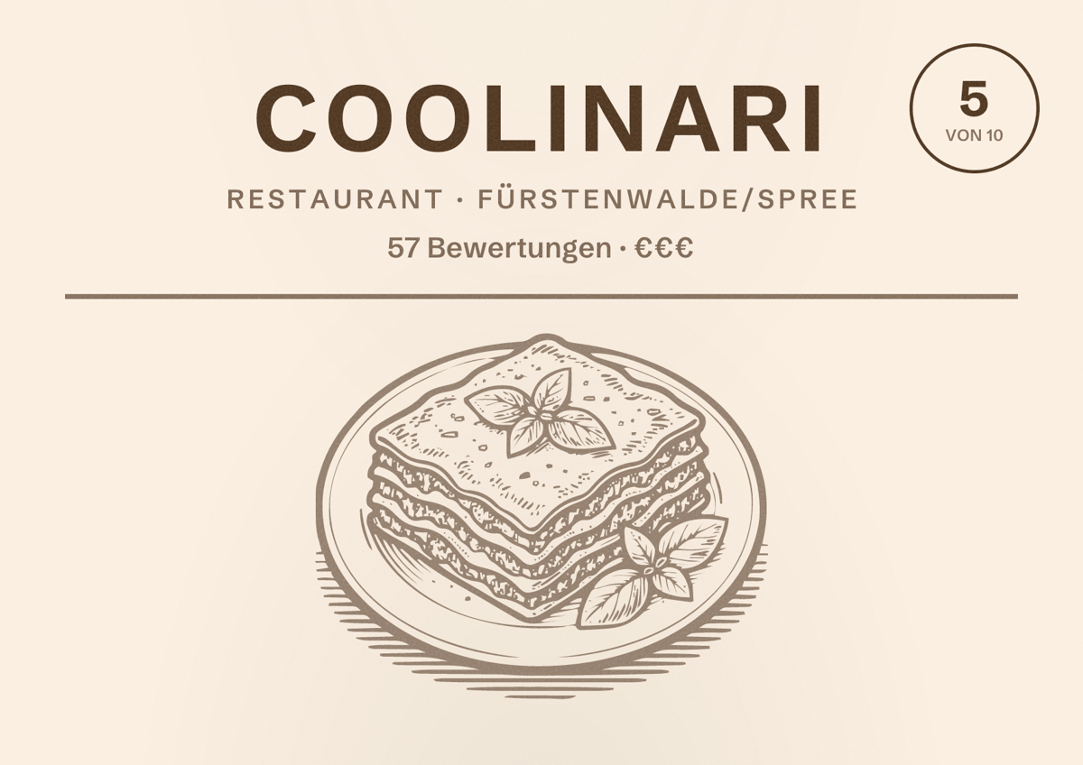 Illustriertes Poster von Coolinari, Restaurant in Fürstenwalde/Spree: Bewertung 5 von 10 aus 57 Bewertungen, Preisniveau €€€