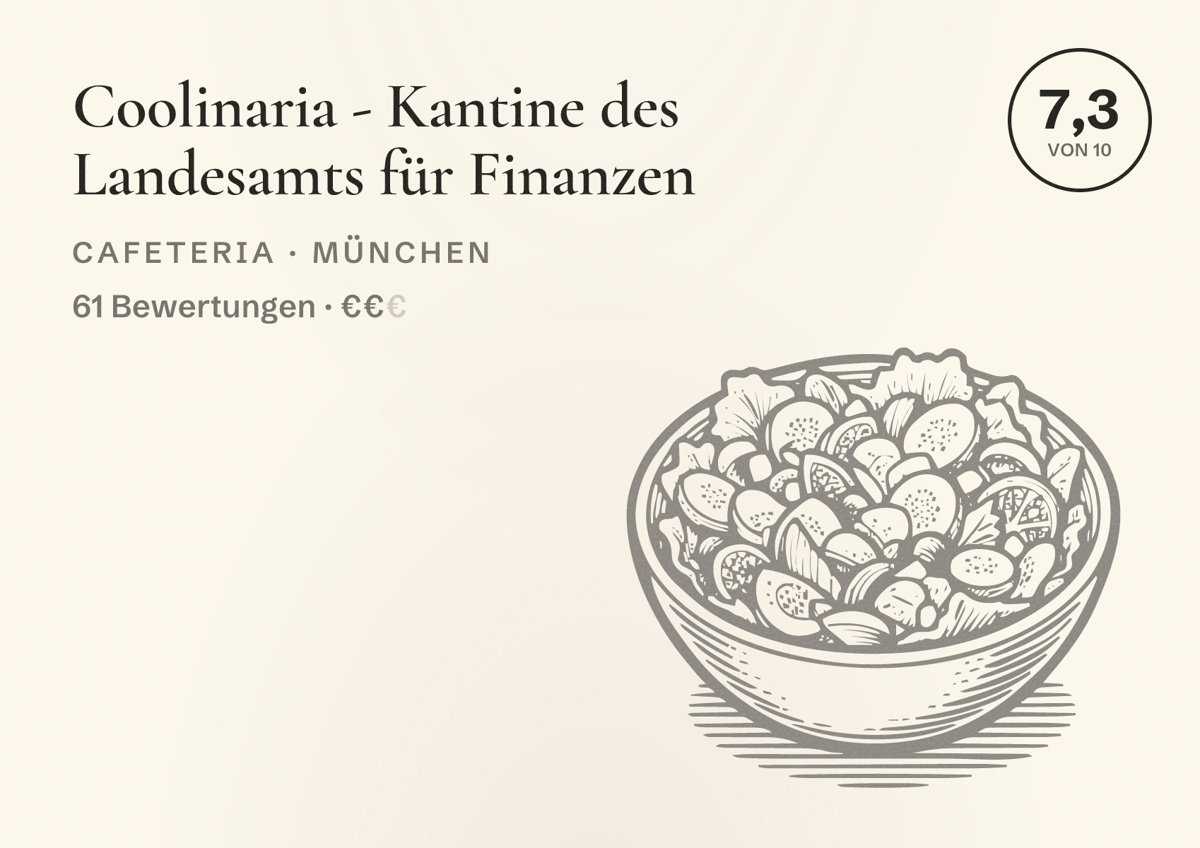 Illustriertes Poster von Coolinaria - Kantine des Landesamts für Finanzen, Cafeteria in München: Bewertung 7,3 von 10 aus 61 Bewertungen, Preisniveau €€