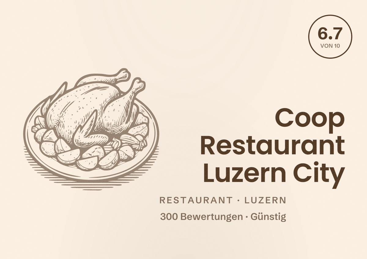 Illustriertes Poster von Coop Restaurant Luzern City, Restaurant in Luzern: Bewertung 6.7 von 10 aus 300 Bewertungen, Preisniveau Günstig