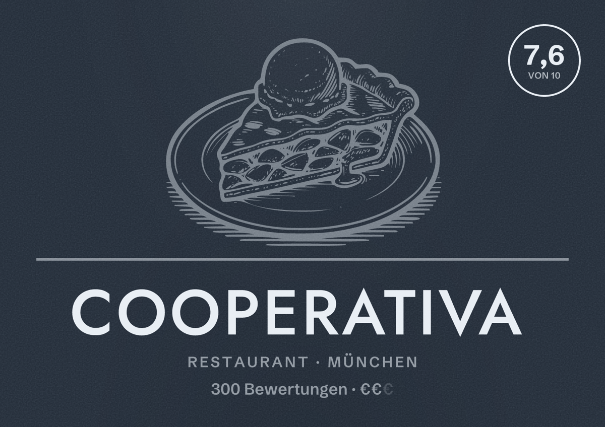 Illustriertes Poster von Cooperativa, Restaurant in München: Bewertung 7,6 von 10 aus 300 Bewertungen, Preisniveau €€