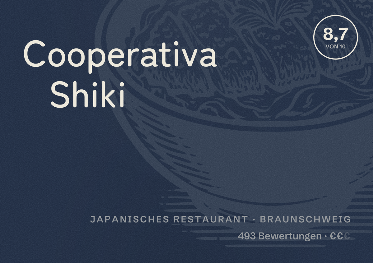 Illustriertes Poster von Cooperativa Shiki, Japanisches Restaurant in Braunschweig: Bewertung 8,7 von 10 aus 493 Bewertungen, Preisniveau €€