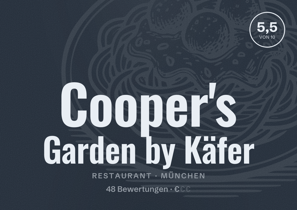 Illustriertes Poster von Cooper's Garden by Käfer, Restaurant in München: Bewertung 5,5 von 10 aus 48 Bewertungen, Preisniveau €