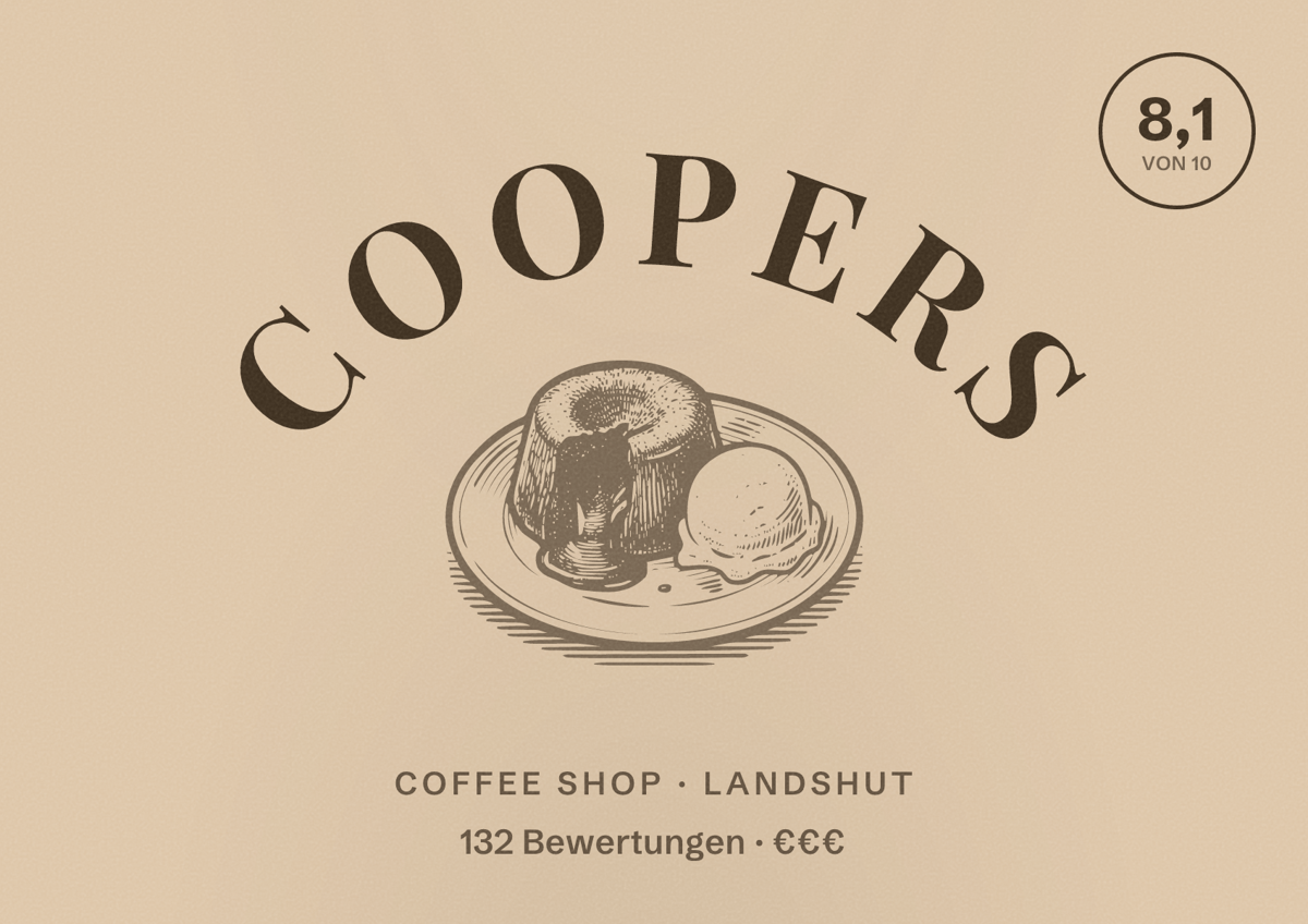 Illustriertes Poster von Coopers, Coffee Shop in Landshut: Bewertung 8,1 von 10 aus 132 Bewertungen, Preisniveau €€€