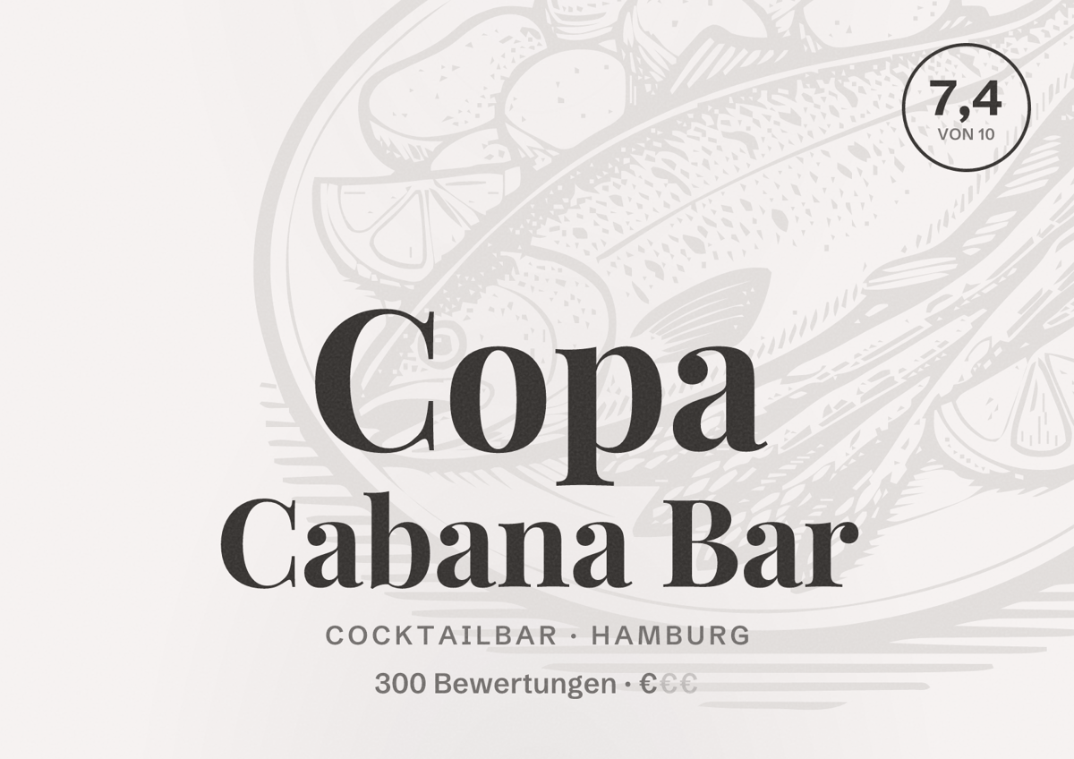 Illustriertes Poster von Copa Cabana Bar, Cocktailbar in Hamburg: Bewertung 7,4 von 10 aus 300 Bewertungen, Preisniveau €