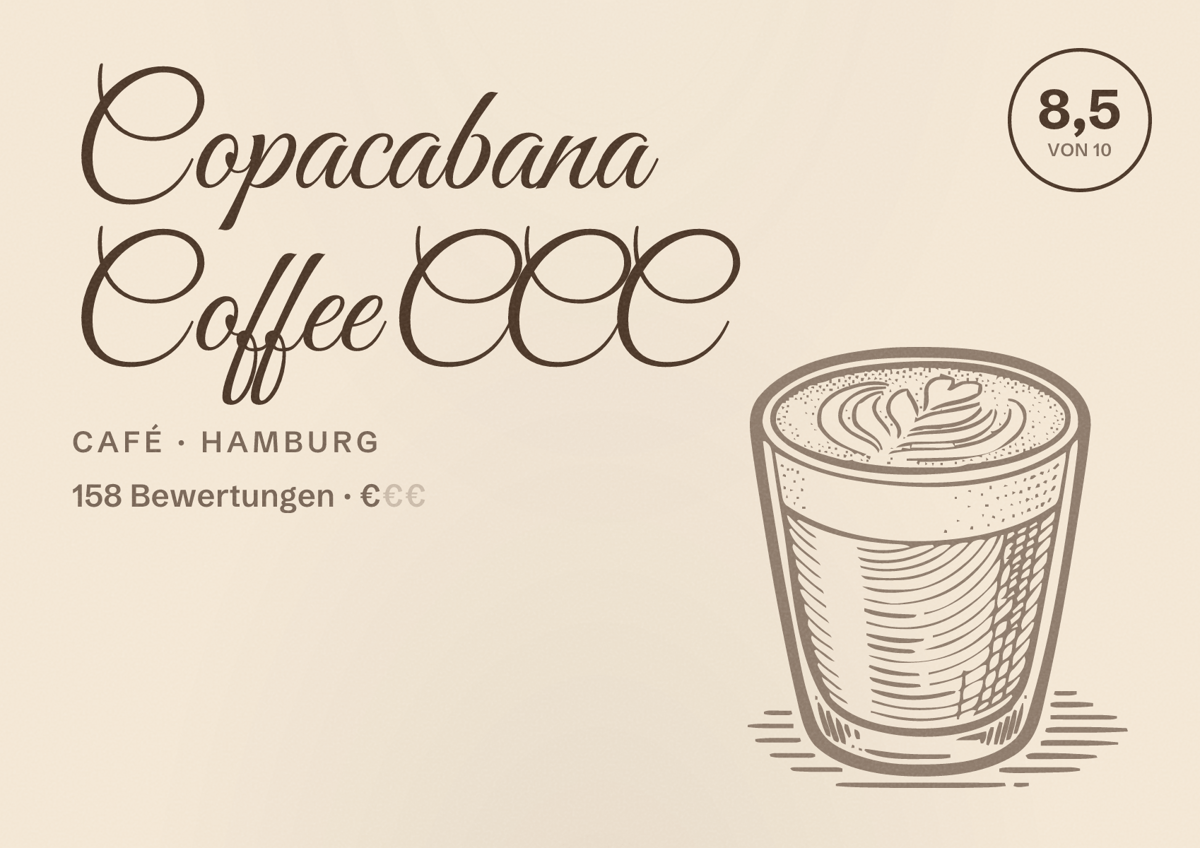 Illustriertes Poster von Copacabana Coffee CCC, Café in Hamburg: Bewertung 8,5 von 10 aus 158 Bewertungen, Preisniveau €