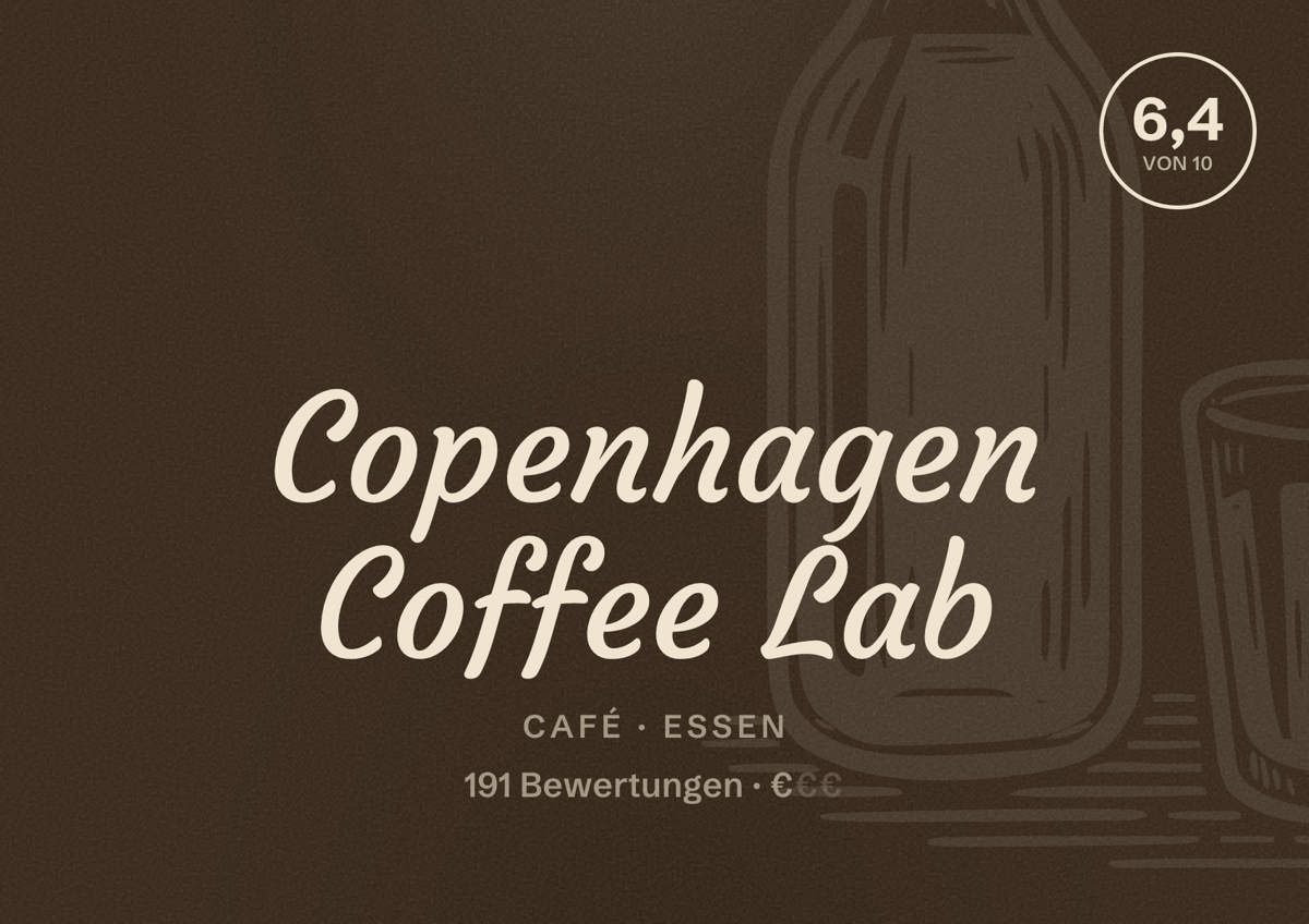Illustriertes Poster von Copenhagen Coffee Lab, Café in Essen: Bewertung 6,4 von 10 aus 191 Bewertungen, Preisniveau €