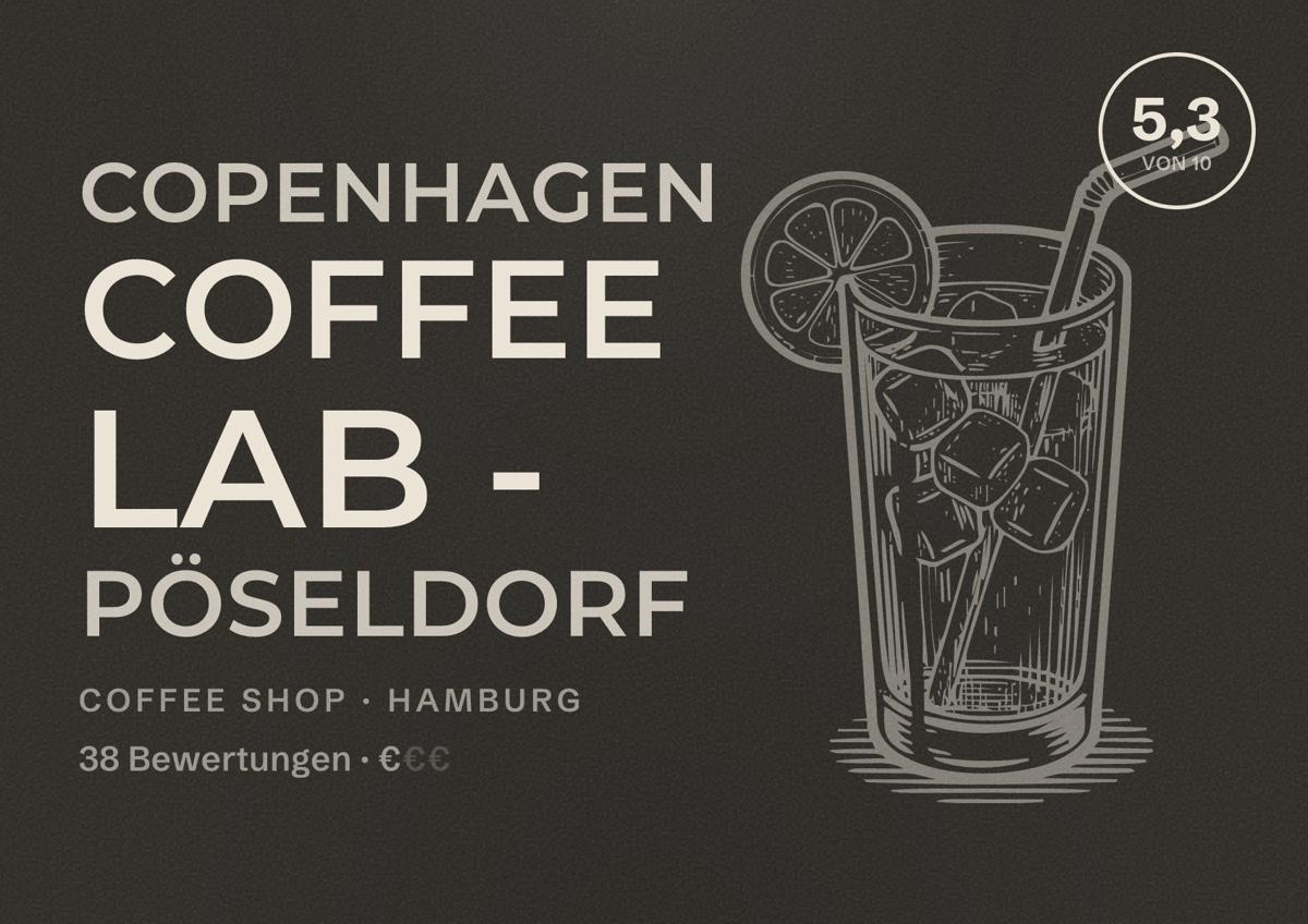 Illustriertes Poster von Copenhagen Coffee Lab - Pöseldorf, Coffee Shop in Hamburg: Bewertung 5,3 von 10 aus 38 Bewertungen, Preisniveau €
