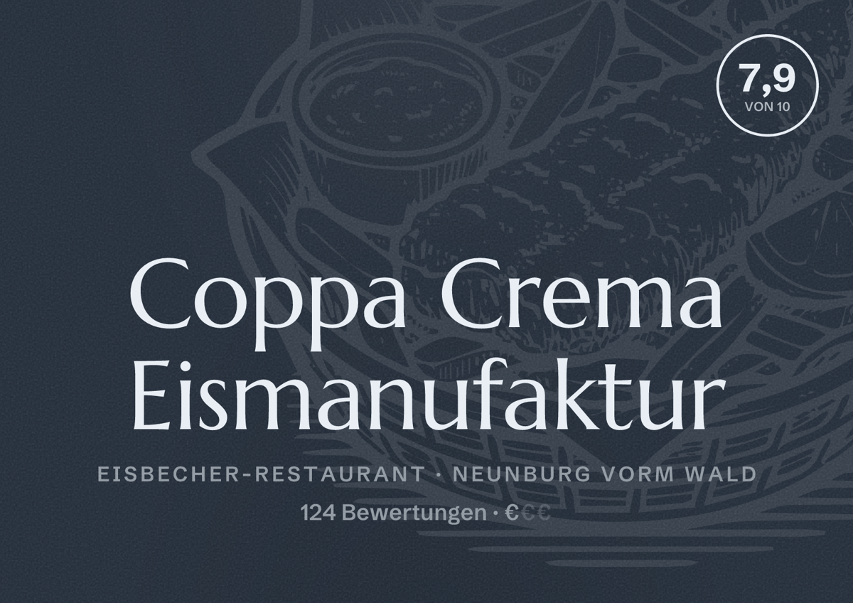 Illustriertes Poster von Coppa Crema Eismanufaktur, Eisbecher-Restaurant in Neunburg vorm Wald: Bewertung 7,9 von 10 aus 124 Bewertungen, Preisniveau €