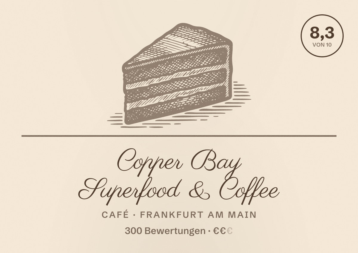 Illustriertes Poster von Copper Bay Superfood & Coffee, Café in Frankfurt am Main: Bewertung 8,3 von 10 aus 300 Bewertungen, Preisniveau €€