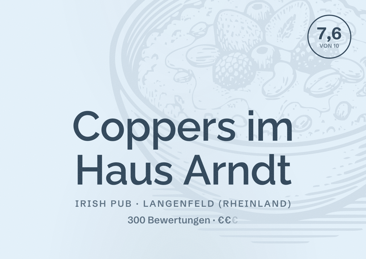 Illustriertes Poster von Coppers im Haus Arndt, Irish Pub in Langenfeld (Rheinland): Bewertung 7,6 von 10 aus 300 Bewertungen, Preisniveau €€