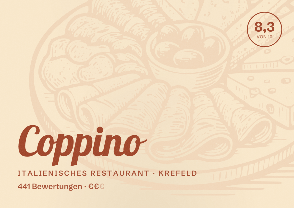 Illustriertes Poster von Coppino, Italienisches Restaurant in Krefeld: Bewertung 8,3 von 10 aus 441 Bewertungen, Preisniveau €€