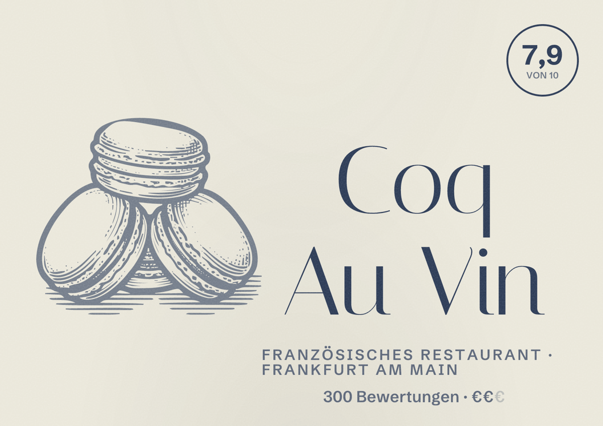Illustriertes Poster von Coq Au Vin, Französisches Restaurant in Frankfurt am Main: Bewertung 7,9 von 10 aus 300 Bewertungen, Preisniveau €€
