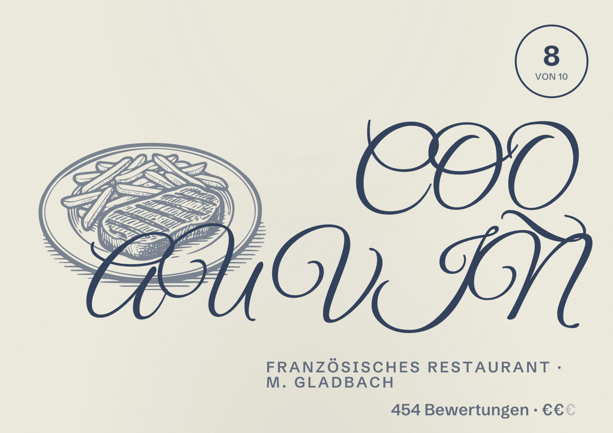 Illustriertes Poster von COQ AU VIN, Französisches Restaurant in M. Gladbach: Bewertung 8 von 10 aus 454 Bewertungen, Preisniveau €€