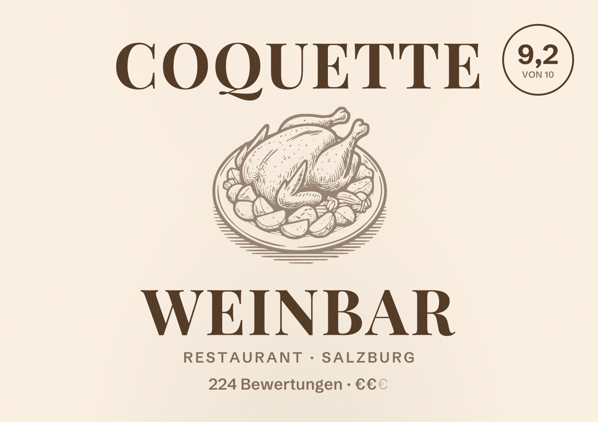 Illustriertes Poster von Coquette Weinbar, Restaurant in Salzburg: Bewertung 9,2 von 10 aus 224 Bewertungen, Preisniveau €€
