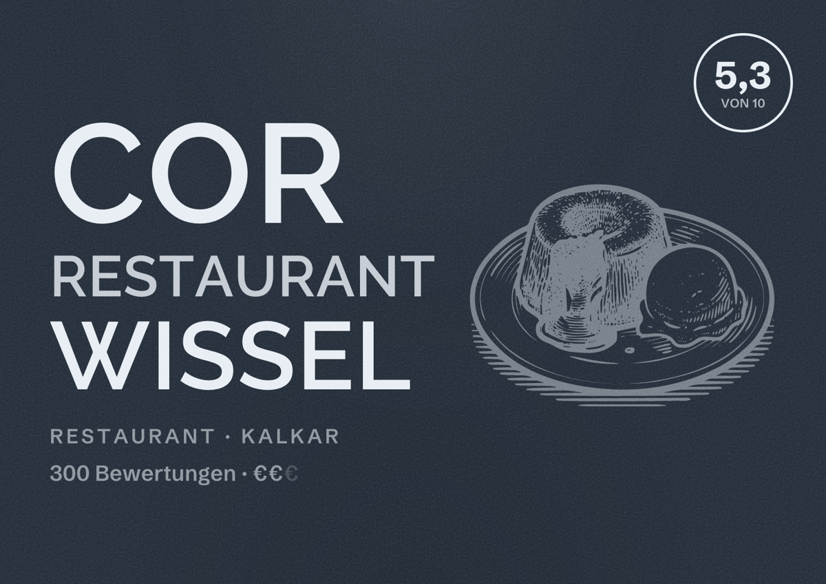Illustriertes Poster von COR Restaurant Wissel, Restaurant in Kalkar: Bewertung 5,3 von 10 aus 300 Bewertungen, Preisniveau €€