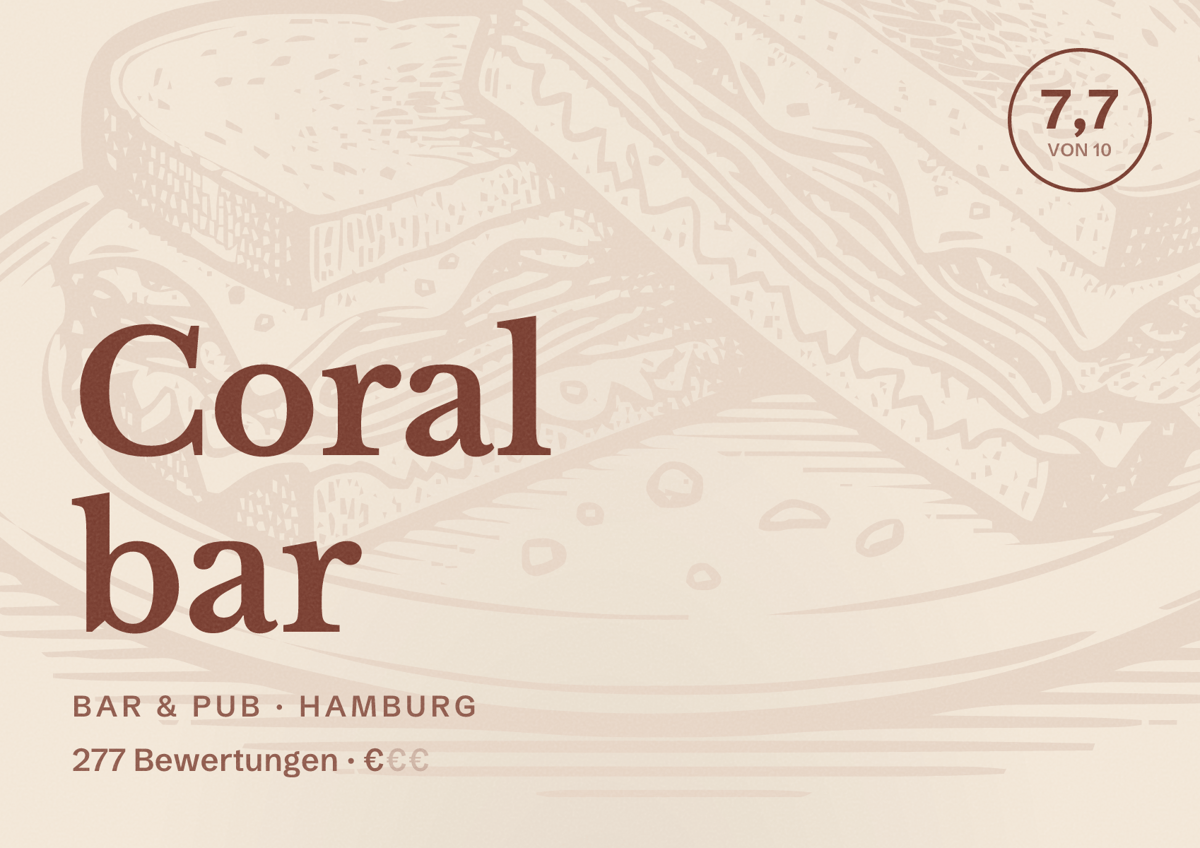 Illustriertes Poster von Coral bar, Bar & Pub in Hamburg: Bewertung 7,7 von 10 aus 277 Bewertungen, Preisniveau €