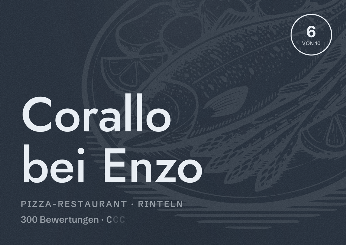 Illustriertes Poster von Corallo bei Enzo, Pizza-Restaurant in Rinteln: Bewertung 6 von 10 aus 300 Bewertungen, Preisniveau €