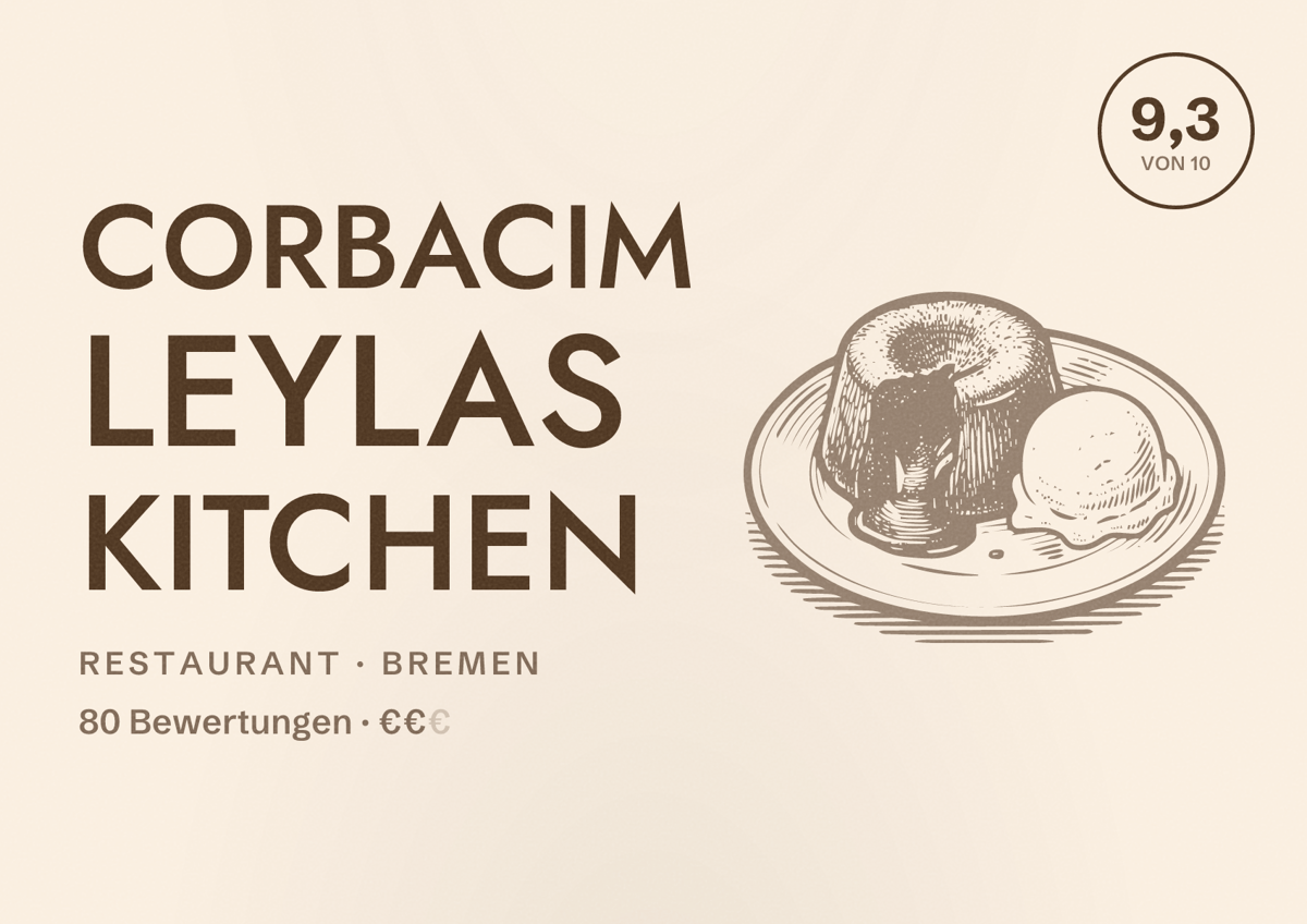 Illustriertes Poster von Corbacim Leylas Kitchen, Restaurant in Bremen: Bewertung 9,3 von 10 aus 80 Bewertungen, Preisniveau €€
