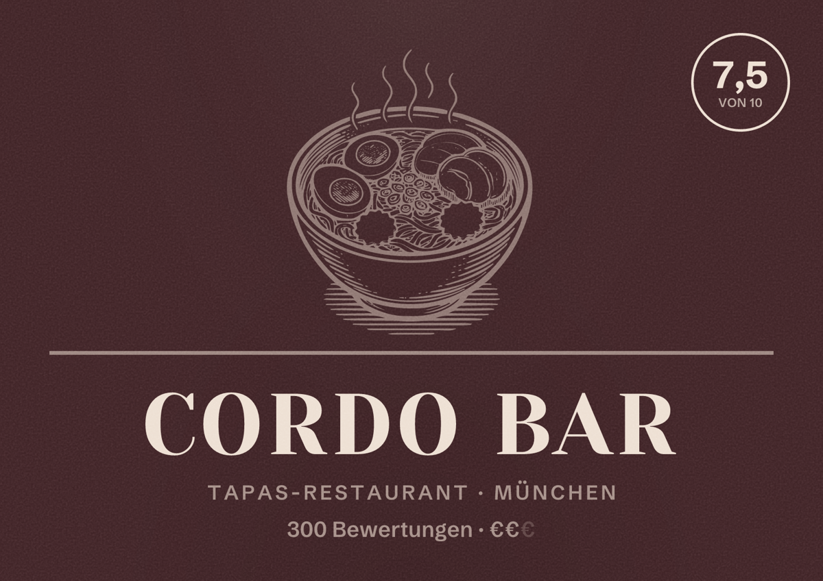Illustriertes Poster von Cordo Bar, Tapas-Restaurant in München: Bewertung 7,5 von 10 aus 300 Bewertungen, Preisniveau €€