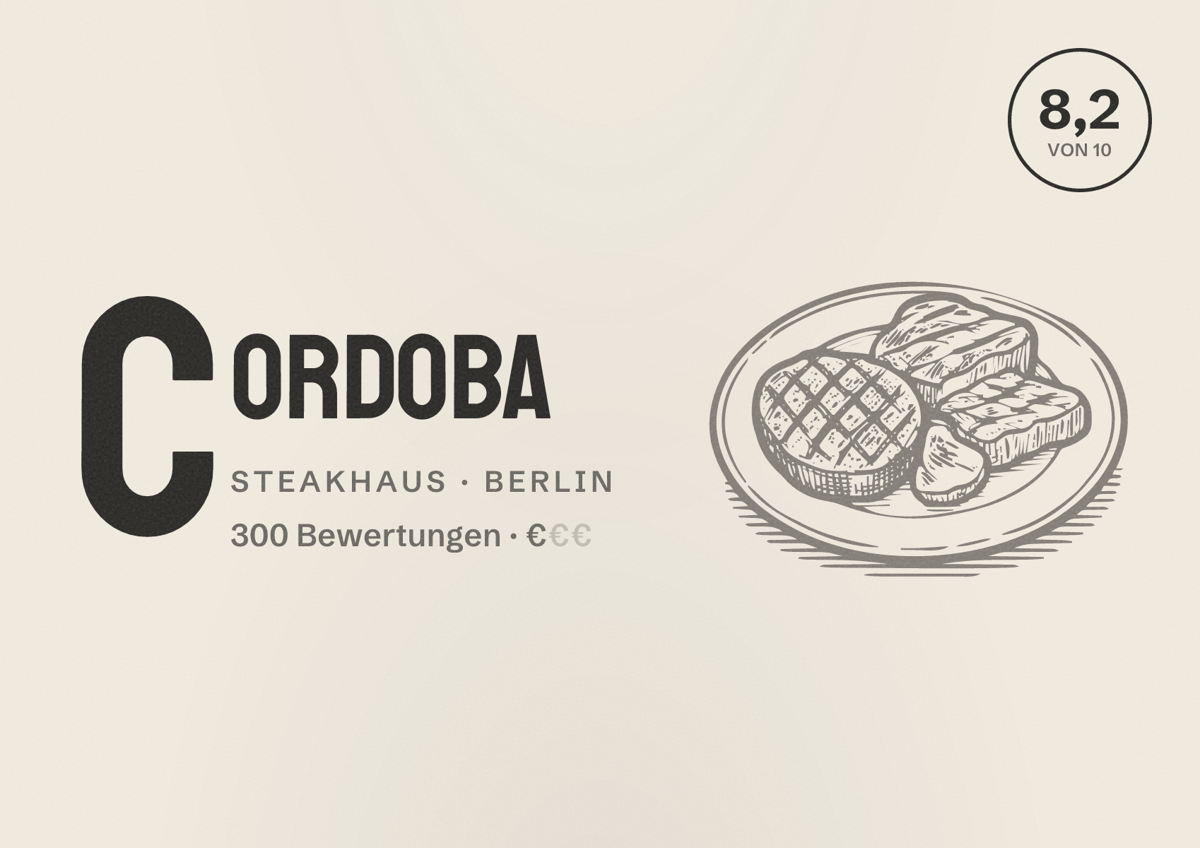 Illustriertes Poster von Cordoba, Steakhaus in Berlin: Bewertung 8,2 von 10 aus 300 Bewertungen, Preisniveau €
