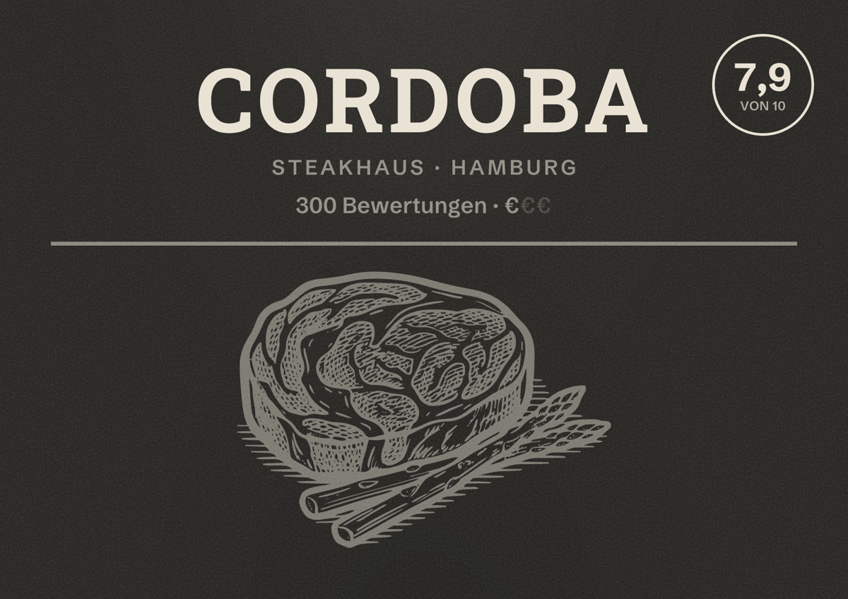 Illustriertes Poster von Cordoba, Steakhaus in Hamburg: Bewertung 7,9 von 10 aus 300 Bewertungen, Preisniveau €