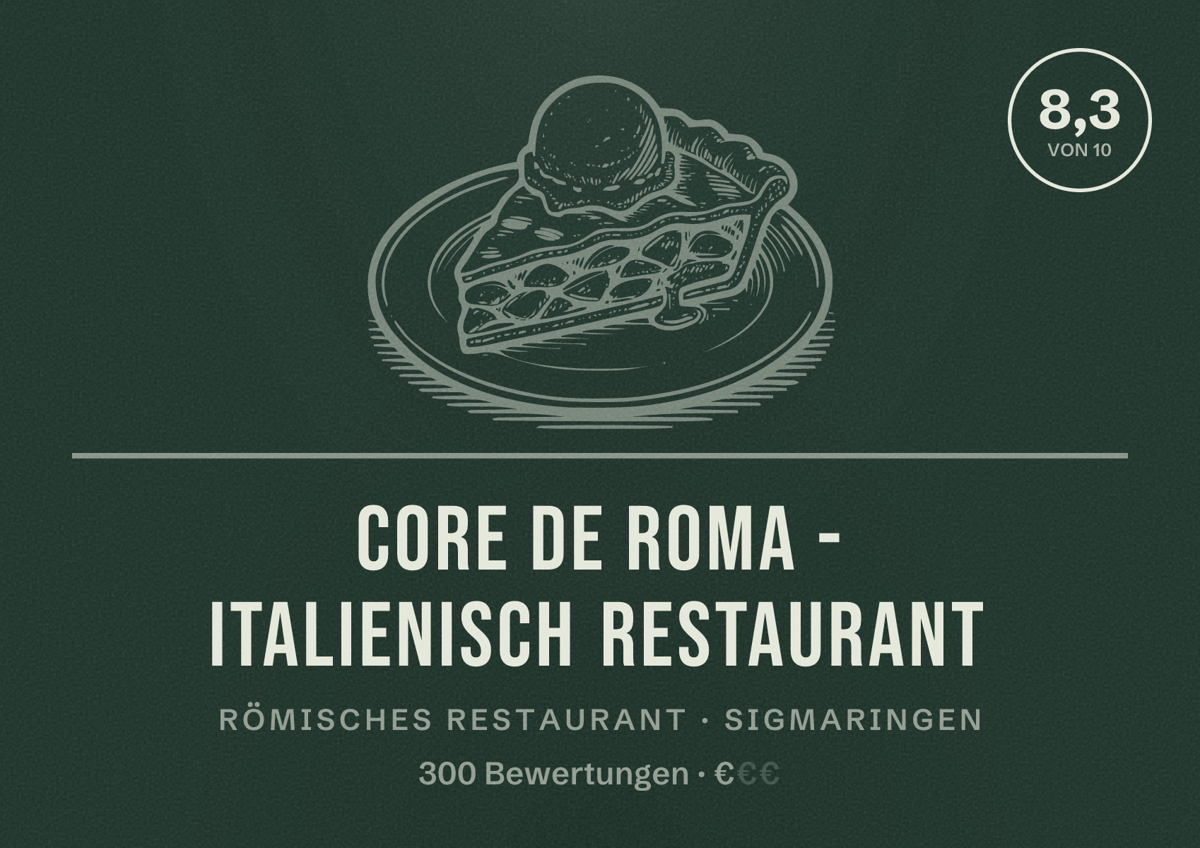 Illustriertes Poster von Core de Roma - Italienisch restaurant, Römisches Restaurant in Sigmaringen: Bewertung 8,3 von 10 aus 300 Bewertungen, Preisniveau €
