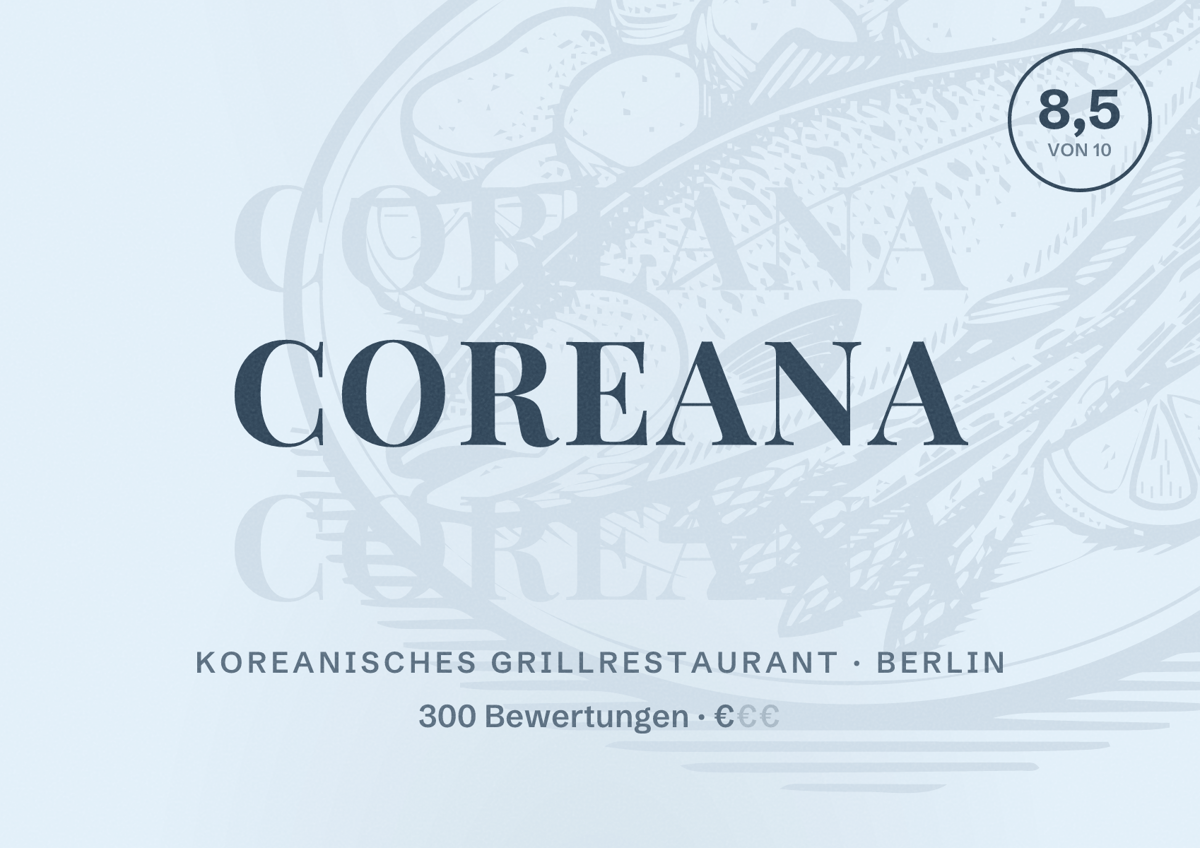 Illustriertes Poster von Coreana, Koreanisches Grillrestaurant in Berlin: Bewertung 8,5 von 10 aus 300 Bewertungen, Preisniveau €
