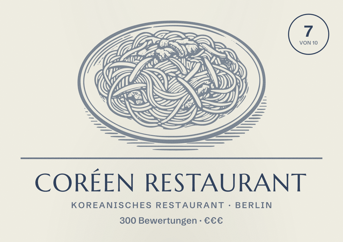 Illustriertes Poster von Coréen Restaurant, Koreanisches Restaurant in Berlin: Bewertung 7,0 von 10 aus 300 Bewertungen, Preisniveau €€€
