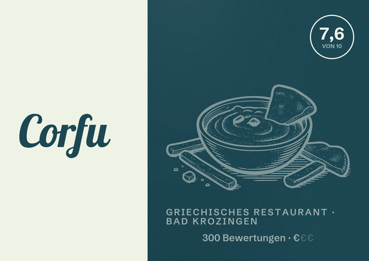 Illustriertes Poster von Corfu, Griechisches Restaurant in Bad Krozingen: Bewertung 7,6 von 10 aus 300 Bewertungen, Preisniveau €