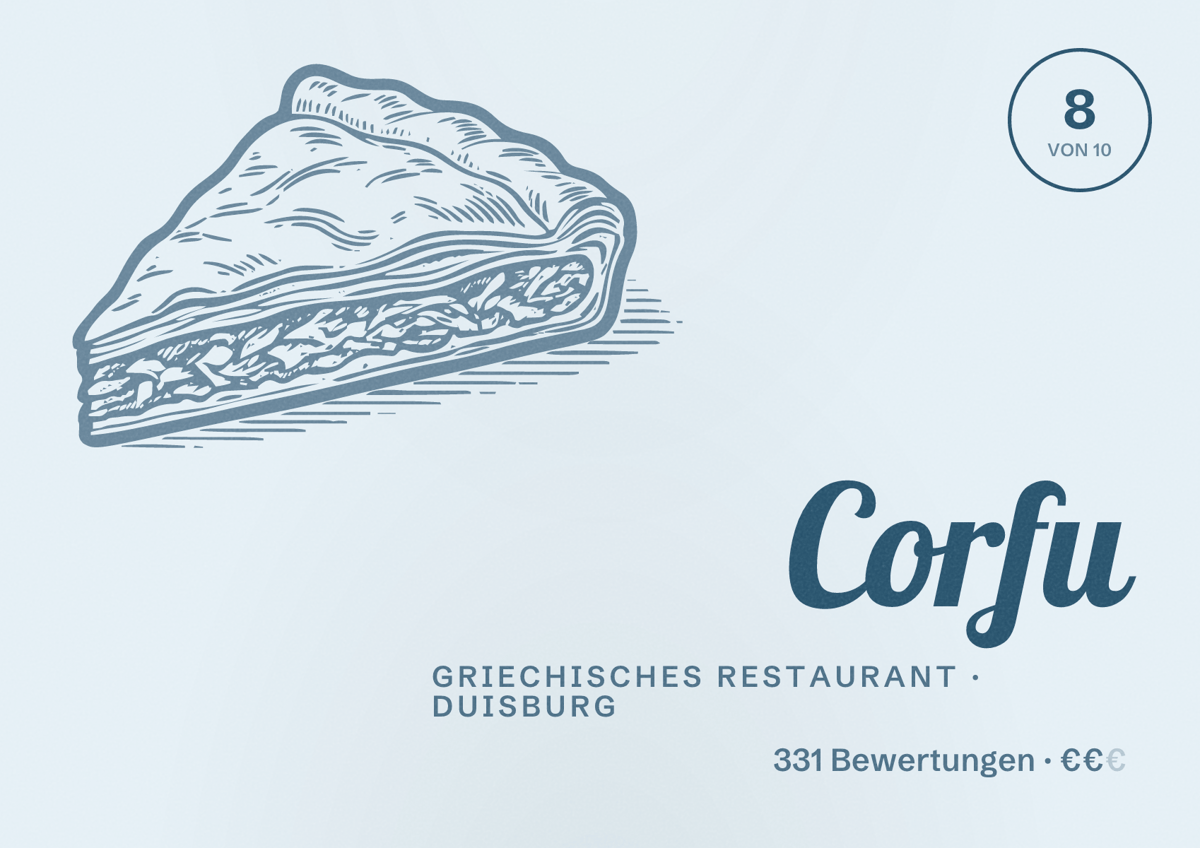 Illustriertes Poster von Corfu, Griechisches Restaurant in Duisburg: Bewertung 8,0 von 10 aus 331 Bewertungen, Preisniveau €€