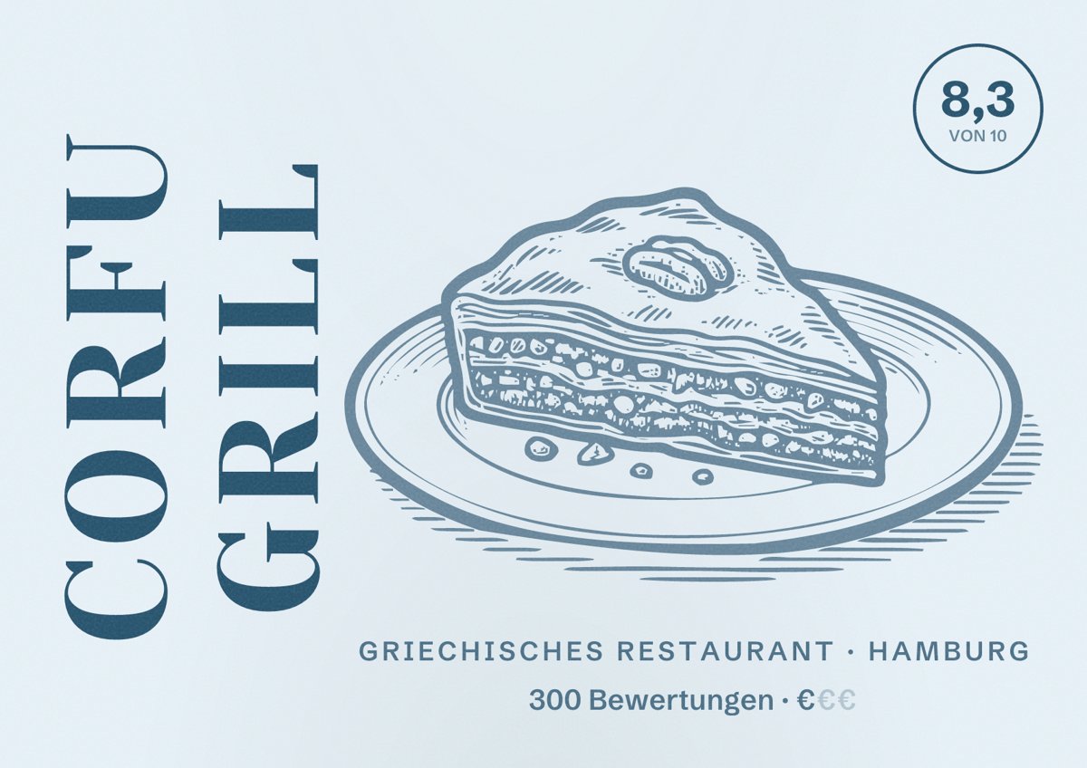 Illustriertes Poster von Corfu Grill, Griechisches Restaurant in Hamburg: Bewertung 8,3 von 10 aus 300 Bewertungen, Preisniveau €